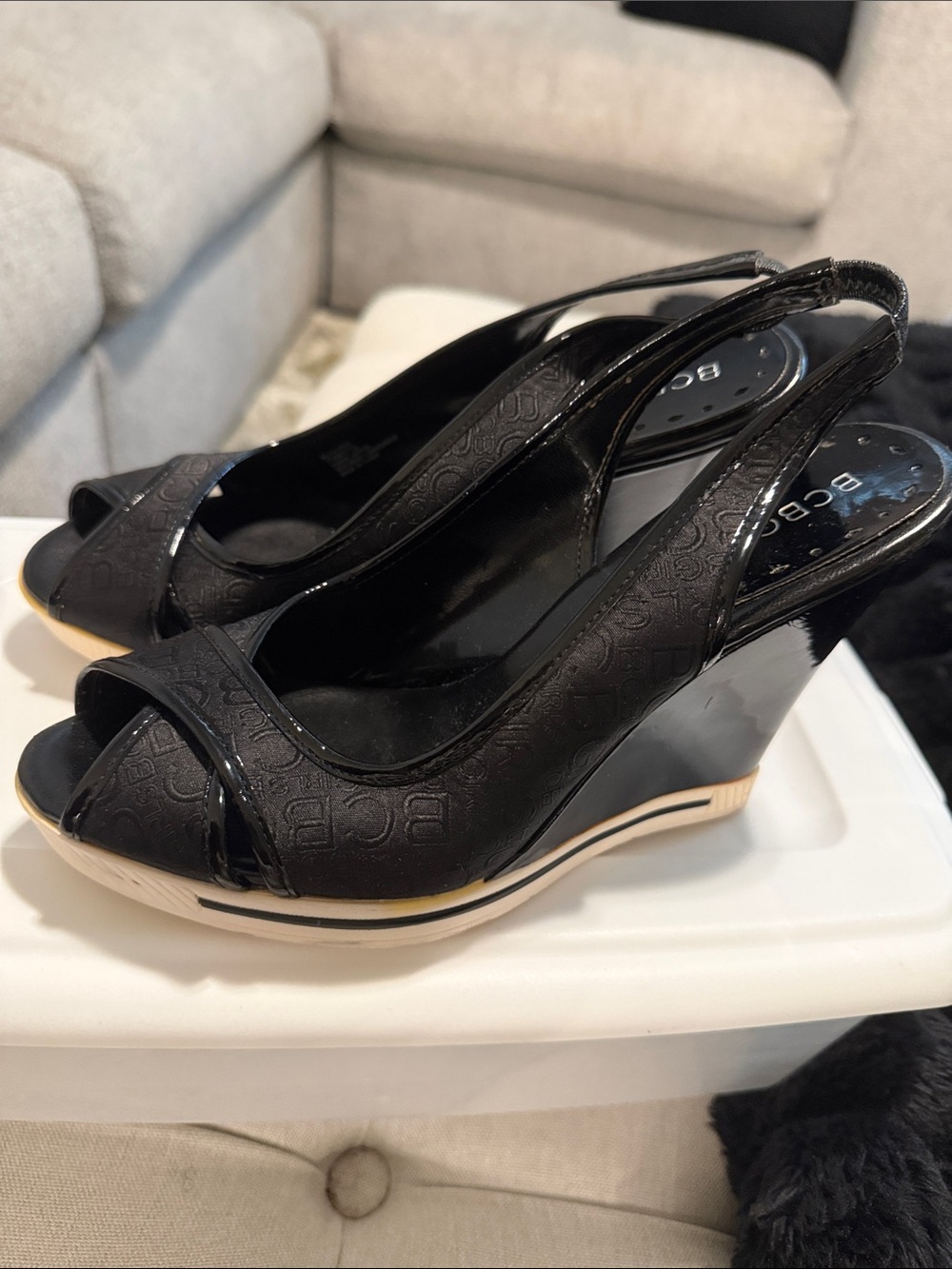 BCBGirls Black Logo Print Peep-Toe Slingback Wedge Sandals | Sz 7.5B